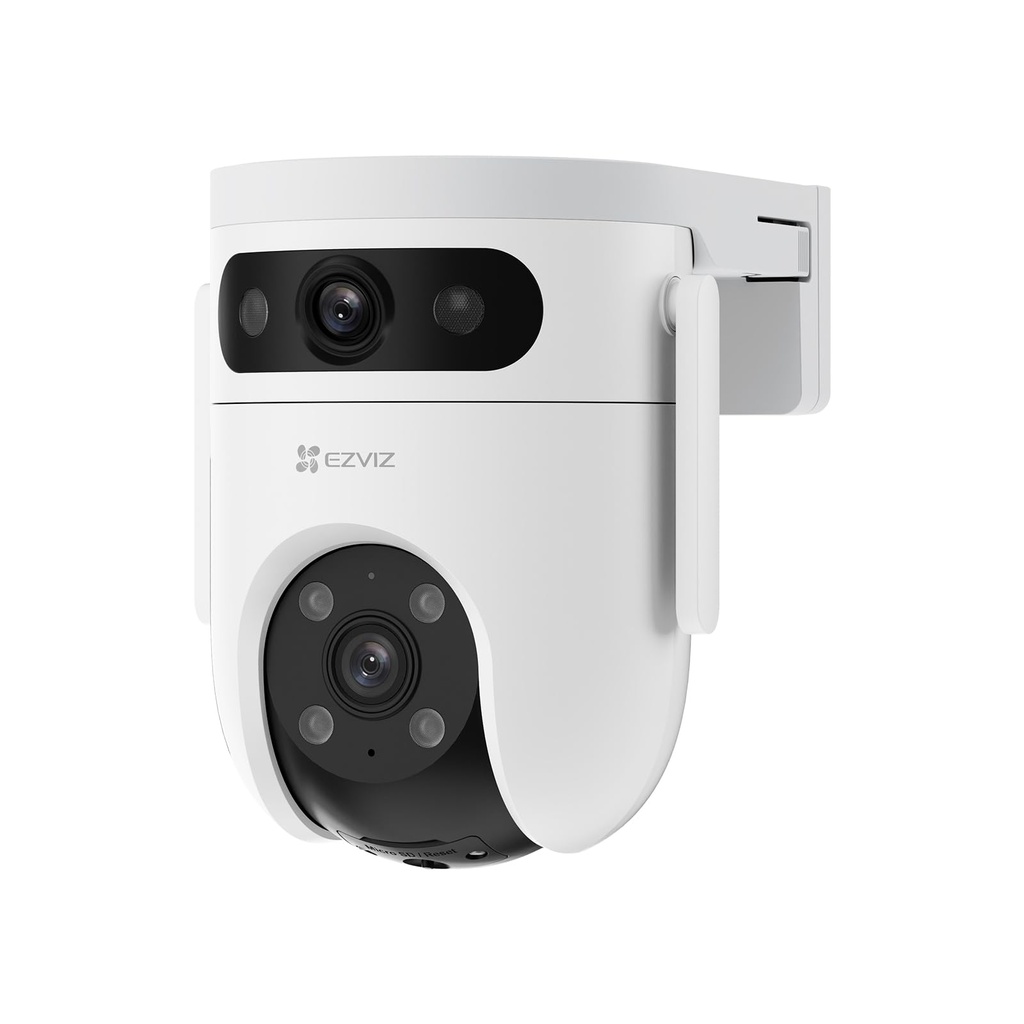 CÁMARA DE EXTERIOR PTZ, RESOLUCION 2K EN C/U (3MP), LENTE DUAL, WIFI LENTE 2.8+6MM, LENTE PANORÁMICO Y GIRO DE 360°,H.265, ADMITE TARJETA MICROSD HASTA 512 GB.