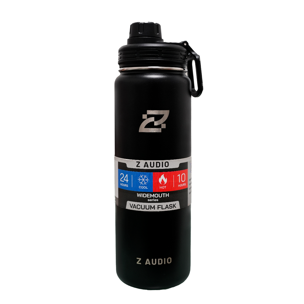 BOTELLA Z - AUDIO EN ACERO INOXIDABLE 24 OZ, NEGRA, INCLUYE DOS TAPAS.